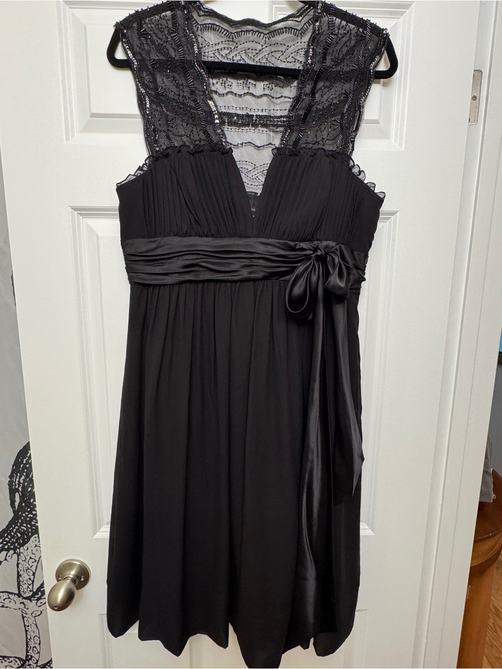 BCBGMaxAzria Black Lace-Back Silk Tie Empire Dress